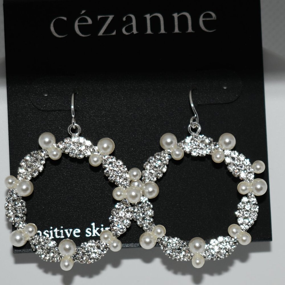 Cezanne CZ /Pearl Silver Round Dangling Earrings #45553FHGRPSD NWT  Details: CZ
